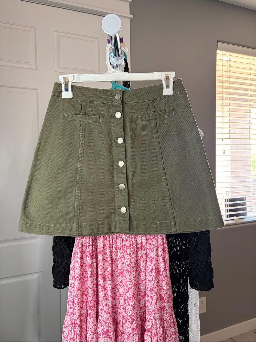 Divided Olive Green Button-Front A-Line Mini Skirt